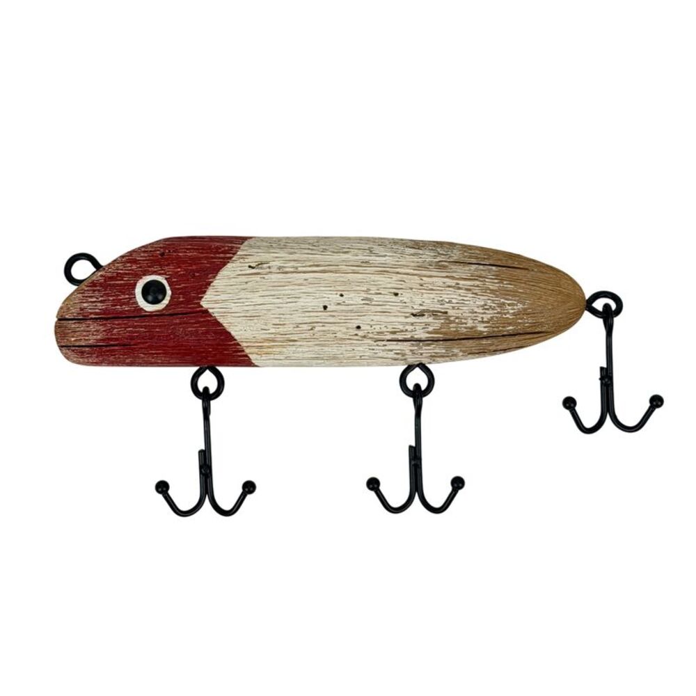 Decorative Fishing Lure Wall Sculpture Rustic Wood Metal 12.25 Inch Red White